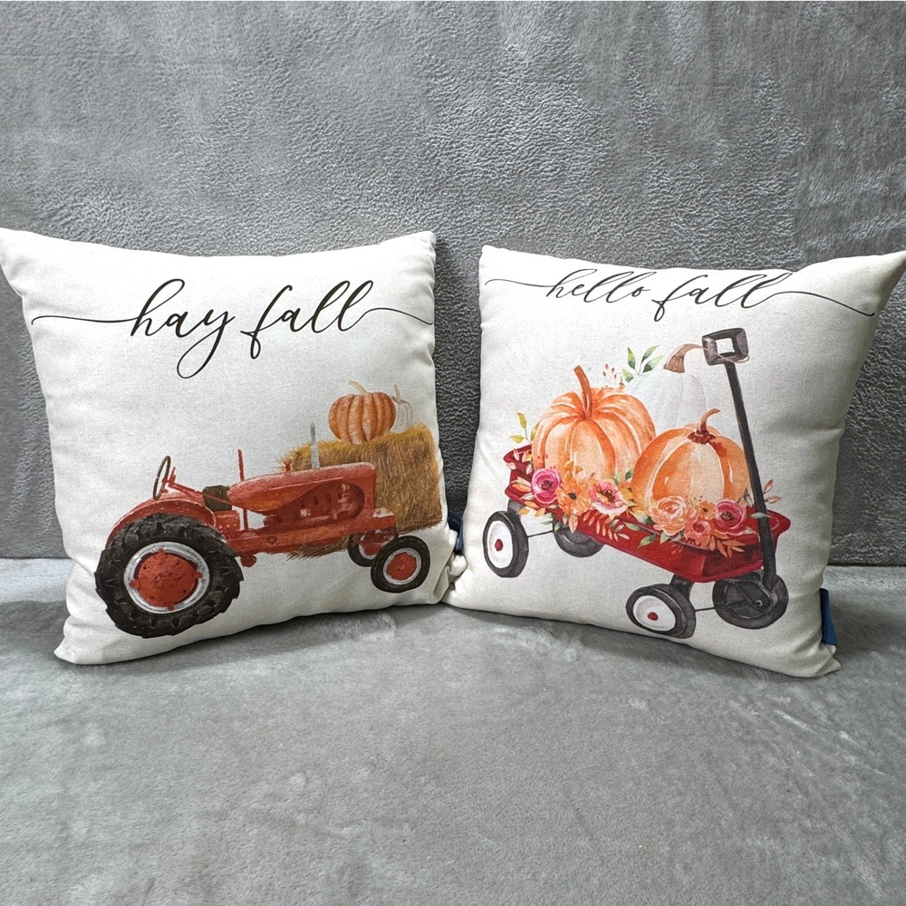 Fall Throw‎ Pillows Set 2 Hello Fall Hay Fall Wagon Autumn Pumpkin Cottagecore